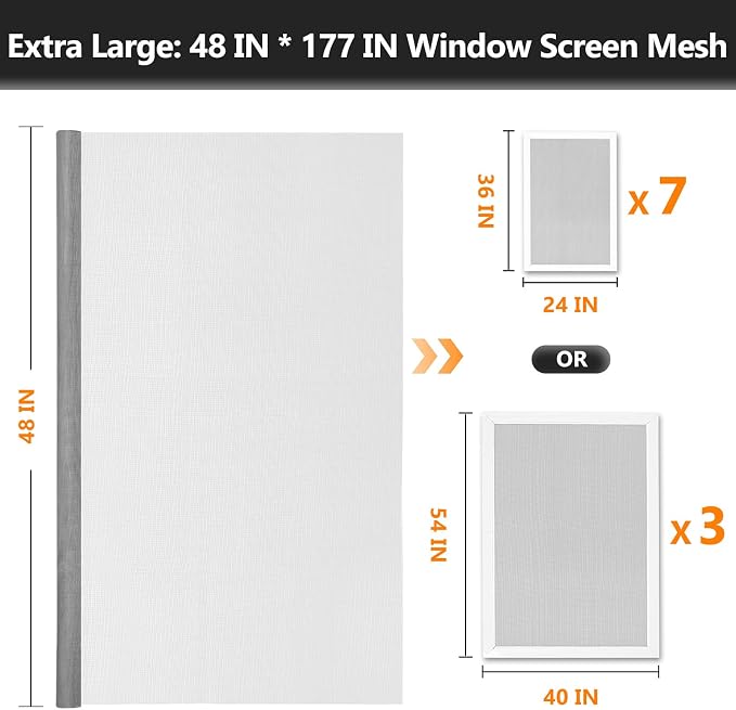 Secopad Window Screen and Screen Door Mesh Repair Kit, Grey, 48in x 177in | Replacement Tools Kit, Easy to Install, Extra Large, Durable Fiberglass, Pet and Kid Friendly, For Window Door Patio & Porch