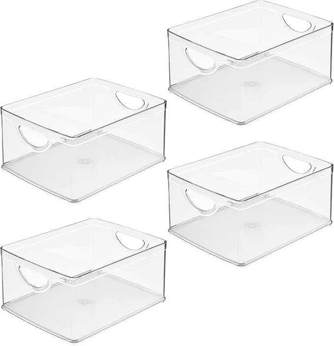 iDesign Plastic Stackable Kitchen Cabinet Storage Bin, Clear, 4-Pack | With Handles, Pantry Organizer