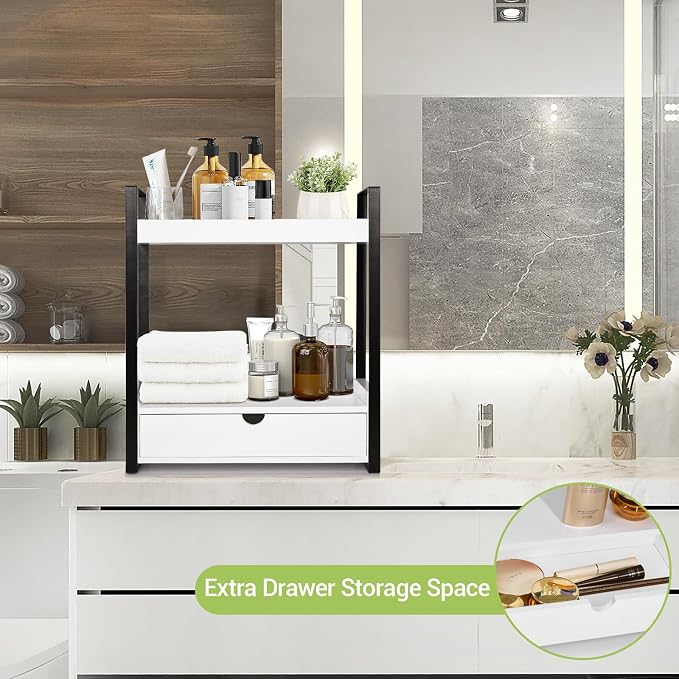 2-Tier Wooden Counter Shelf with Drawer, Vanity Tray for Organization and Decor, Countertop Organizer for Bathroom and Kitchen