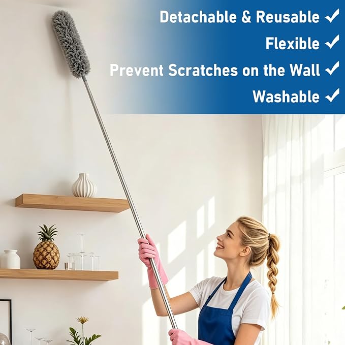 Microfiber Feather Duster 6-in-1 Kit | Extendable Duster with 100" Pole | Washable Long Handle Duster Set for High Ceilings, Fans, Blinds