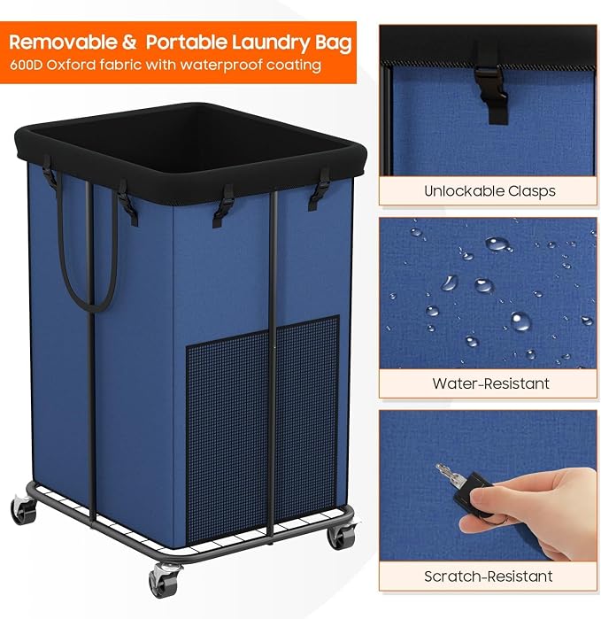 Laundry Hamper with Wheels, 150L Rolling Laundry Basket with Bag & Handles | Sturdy Metal Frame | Removable Bag | Large & Tall Dirty Clothes Hampers for Laundry Room, Bedroom, Dorm, Bathroom-Blue