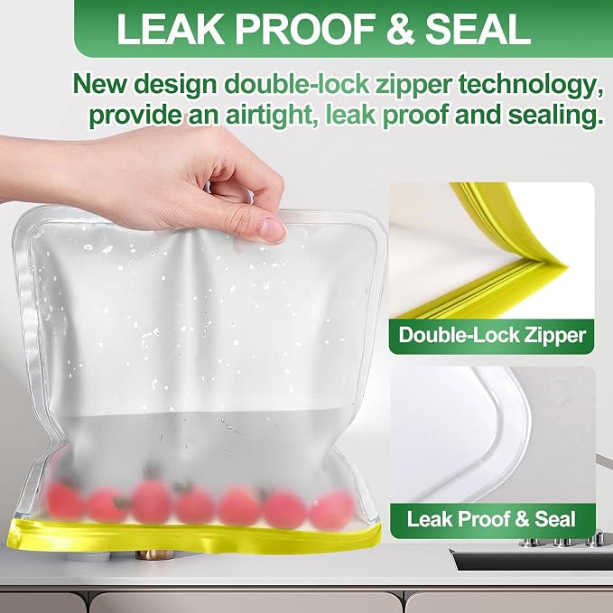 Reusable Freezer Bags, 10 Pack Reusable Quart Bags Seal and Leak Proof, BPA Free Storage Bag for Marinate Meat, Vegetables, Home Organization, Green