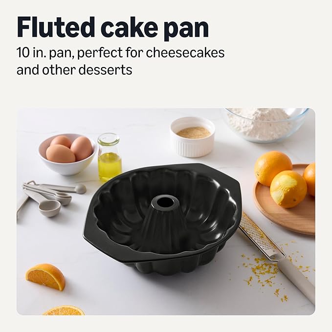 Amazon Basics Nonstick Carbon Steel Fluted Cake Pan, Dishwasher and Oven-Safe, 10 inch, Black