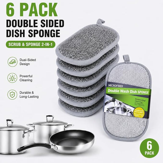 6-Pack PuoWeo Sponges Kitchen Dual-Sided Scrub Sponges—Rough Side for Non-Stick Cookware, Soft Microfiber Side for Dishes Multi-Purpose Cleaning Dish Sponge, Long Lasting & Reusable, Grey