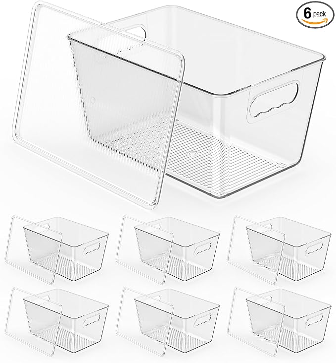 6 Pack Clear Stackable Storage Bins with Lids, Large Plastic Pantry Organizers and Storage Containers for Kitchen Cabinet, Fridge, Closet, Bathroom - BPA-Free Home Organization Must Haves