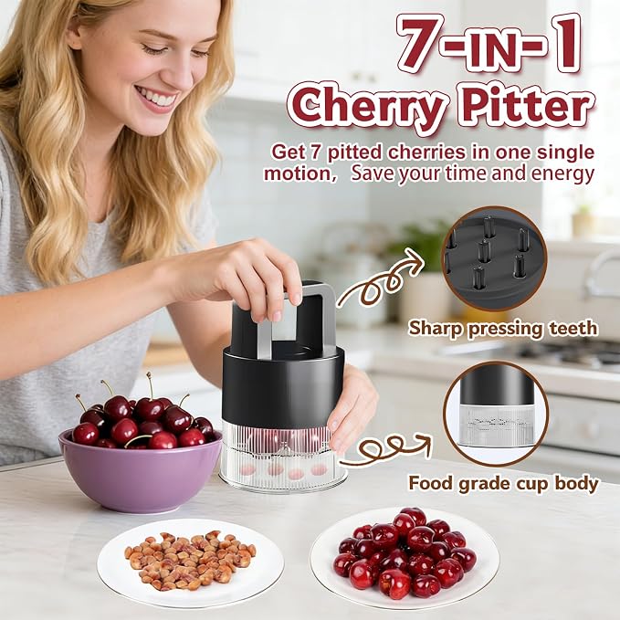 7-in-1 Cherry Pitter Tool,1.5" Extra Large Slots Making Cherry Jam | Food Grade Multi-Fruit Corer with Anti-Splatter Guard, Upgraded Easy Push Seed Remover,Dishwasher Safe