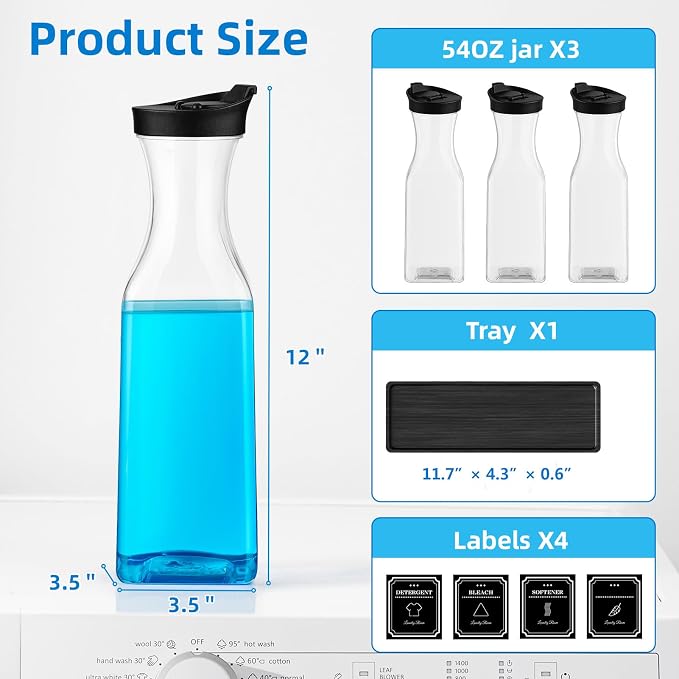 Laundry Detergent Dispenser,54OZ Laundry Soap Dispenser,Liquid Laundry Detergent Container,Fabric Softener Dispenser with Black Wood Tray,Laundry Room Organizer with 4 Labels