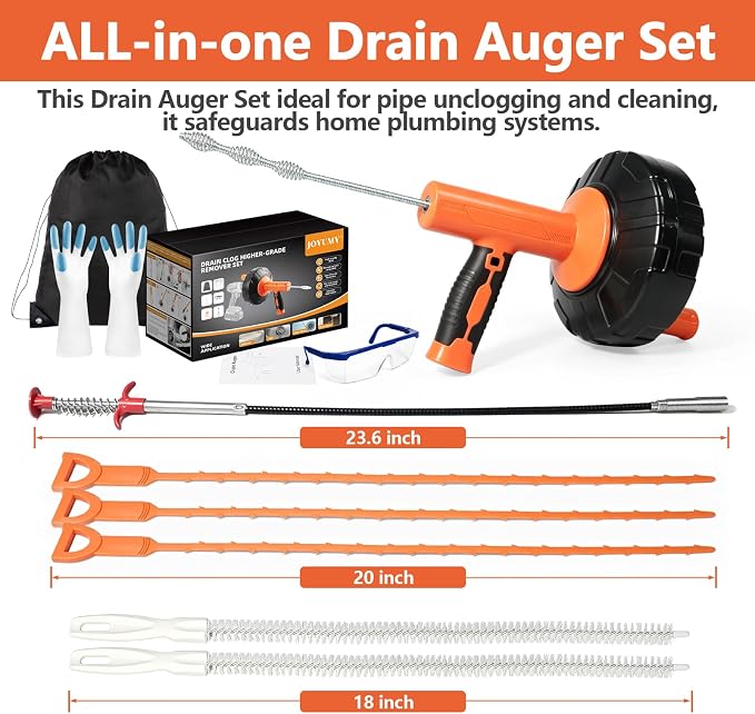Drain Snake 8Set-33Ft Drain Clog Remover,34inch Heavy Duty Plumbing Snake,20inch Hair Clog Remover,18inch Cleaning Brush,Goggles and Gloves for Bathtub,Toilet,Sewer,Kitchen Sink,Drainage Pipe