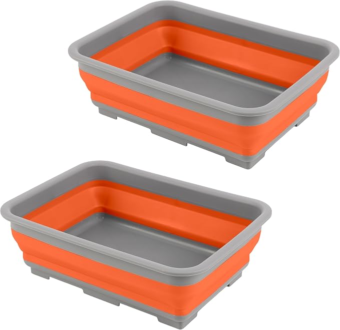 Set of 2 Multipurpose Wash Bins – 7.27-Liter Basins for Travel or Cleaning – Collapsible Bucket Camping Accessories by Wakeman (Orange)