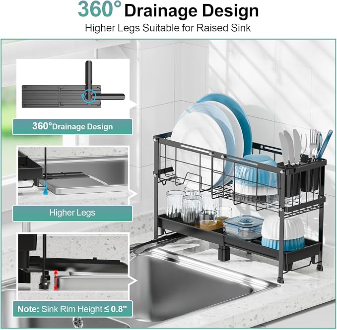 GSlife Narrow Dish Drying Rack, 2 Tier Small Dish Drainer for Kitchen Counter, Expandable Compact Dish Rack with Utensil Holder for RV/1-2 People, 15.7''-20.7''L x 7" D x 12.6" H, Black