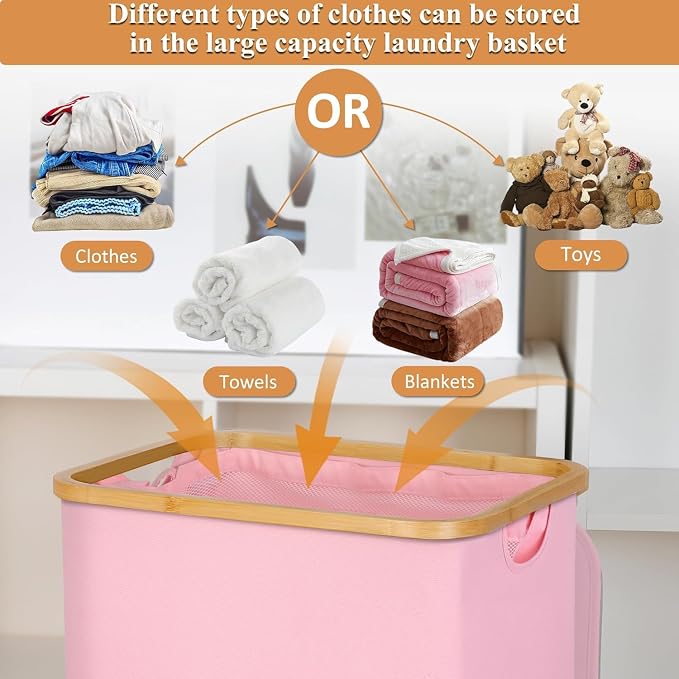 IEGrow Laundry Basket with Wheels 110L Clothes Hamper for Laundry,Pink | Laundry Hamper with Lid and Bamboo Frame, for Laundry Room, Bedroom, Dormitory Storage