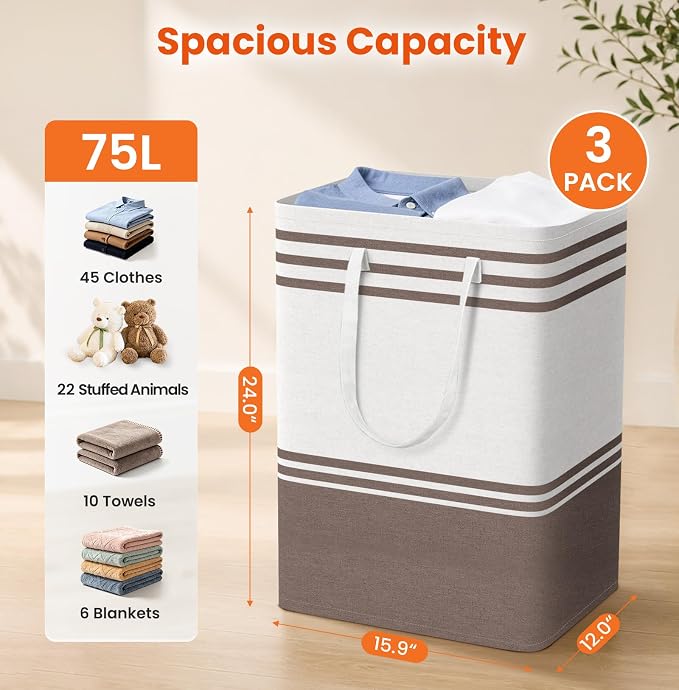 TranquilRelax 3-Pack Laundry Basket, Laundry Hamper, Khaki-75L | Freestanding＆Water-Resistant Laundry Hamper, Collapsible Tall Clothes Hamper with Carry Handles for Clothes, Laundry Basket