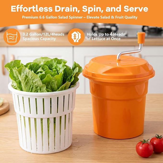 3.2 Gallon Commercial Salad Spinner, Heavy Duty Salad Dryer with Draining Hose, 12Qt Manual Lettuce Dryer for Washing, Spinning & Draining, Holds 4 Heads of Lettuce for Restaurant Kitchen Prep