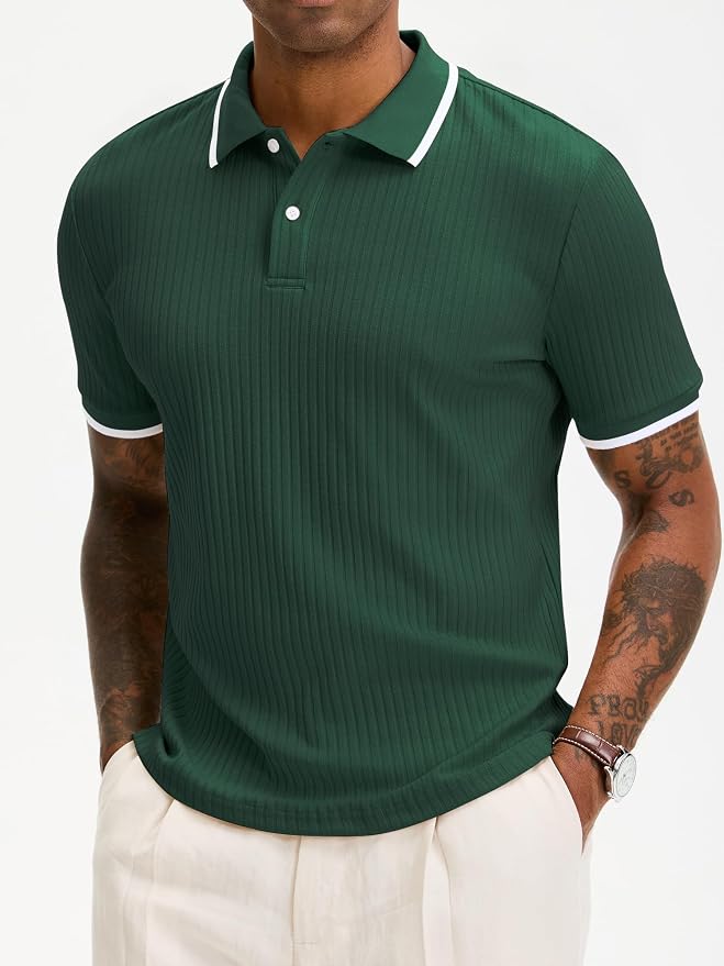 Comdecevis Men's Regular Fit Short Sleeve Knit Polo Shirts | Business casual, lightweight, breathable, stretch textured fabric, moisture wicking, easy care