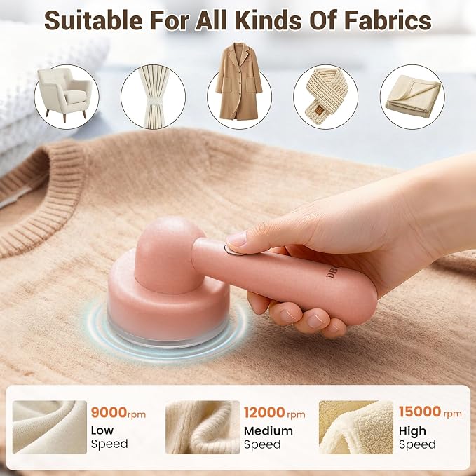 DBC Fabric Shaver & Lint Remover for Clothes, Sweaters & Furniture | 6-Leaf Blade, 3 Speeds, 2H Runtime, Portable Design Perfect for Travel, Includes 2 Extra Blades, Pink