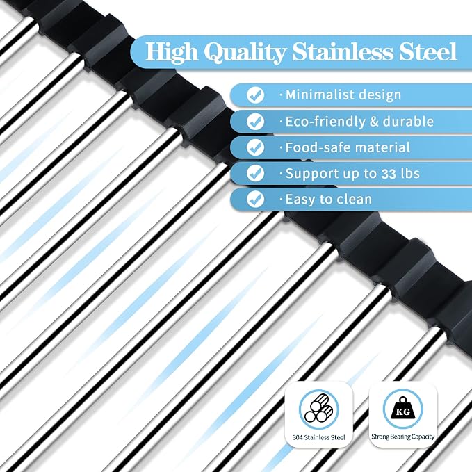 Seropy Roll Up Dish Drying Rack Over The Sink for Kitchen Sink Drying Rack Folding Dish Drainer Mat Rolling Dish Rack Sink Rack Stainless Steel Kitchen Dry Rack Black 17.5x15.7 Inch