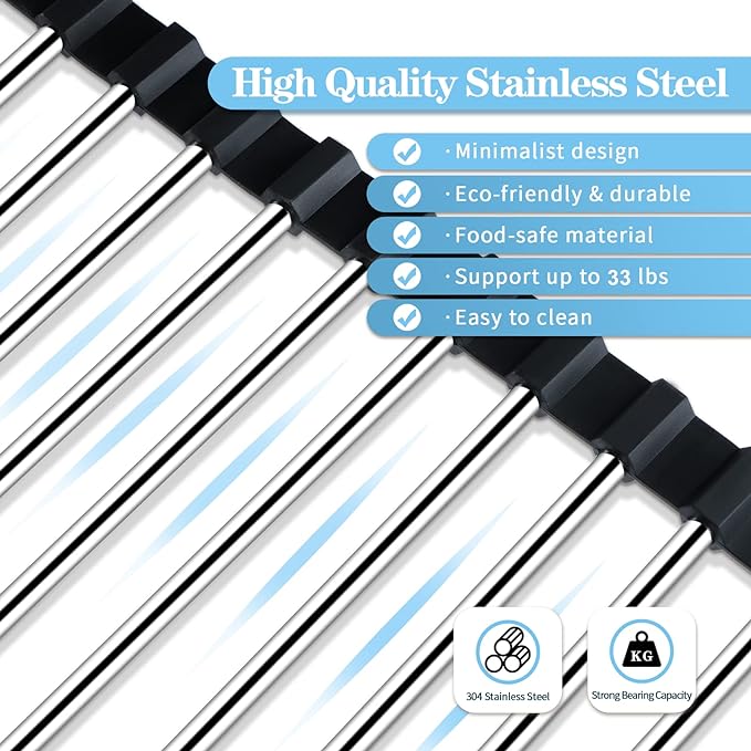 Seropy Roll Up Dish Drying Rack Over the Sink Drying Rack for Kitchen, Folding Dish Rack Over Sink Mat, Stainless Steel Dish Drainer Rack Kitchen Organizer Accessories Black 17"x11.8"