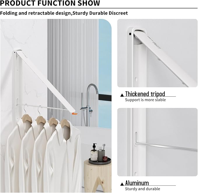 Folding Clothes Hanger Rack Wall mounted for Laundry Clothes Drying Rack | Foldable Hanger Rack Laundry Hanger Dryer Rack, Easy to Install, Closet Storage Organization, Space Saving Aluminium, White