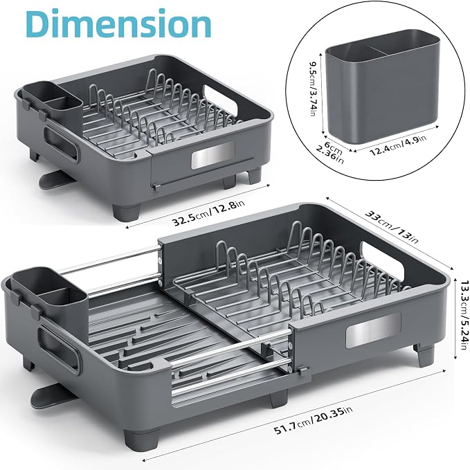 TOOLF Expandable Dish Drying Rack for Kitchen Counter, Gray | Extendable 12.8in to 20.35in,Stainless Steel & PP,One-Minute Quick Assembly,Cutlery Holder,Portable Carry Handle,Space-Saving