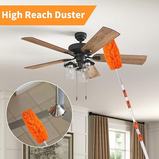 4-24 Ft High Reach Window Washing Kit with Extension Pole, Window Squeegee & Microfiber Scrubber, Ceiling Fan Duster & Feather Duster for High Ceiling, Furniture & Home Cleaning