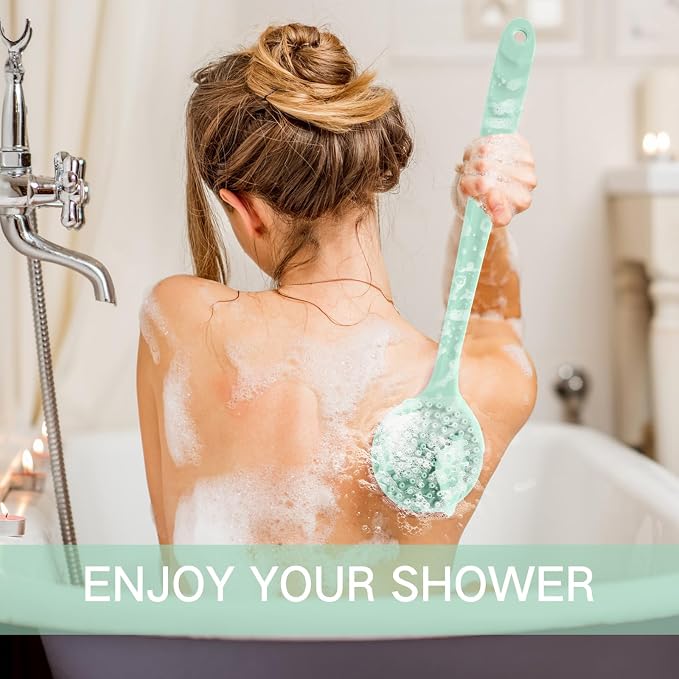 Sunnyray 2 Pack Silicone Back Scrubber for Shower with 15" Long Handle Double-Sided Bath Body Brush for Exfoliating Easy to Clean Quick Dry Deep Cleaning Lathers Well(Nordic Green)