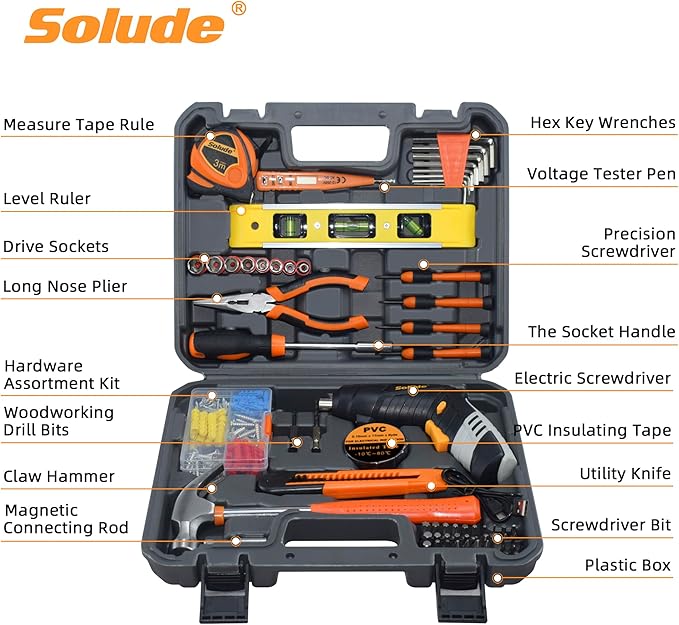 SOLUDE 130-Piece Home Tool Kit with 3.6V Electric Screwdriver,Basic Household Tool Set for New Home,Apartment,College Dorm and DIY Projects