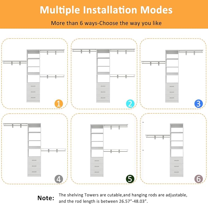 Closet System with Drawers, 5-8FT Closet Organizer Systems with Expandable Hanging Rods, 91.36" Closet Shelving Systems for Walk in Closets, Heavy Duty Wall Mount Closet Systems-White