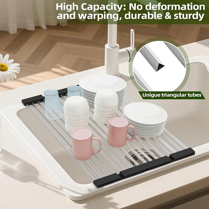 GAViA Roll Up Dish Drying Rack Over The Sink Drying Rack Stainless Steel Sink Drying Rack Kitchen Dishes Drying Mat Foldable Dish Drainer Rack Kitchen Sink Organizer Accessories