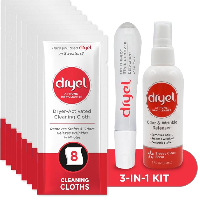 Dryel At-Home Dry Cleaner, Stain & Wrinkle Remover for Delicates, 8 Loads | Cleans, deodorizes, refreshes, removes stains & helps smooth wrinkles on dry-clean & delicate clothes; includes pen & spray