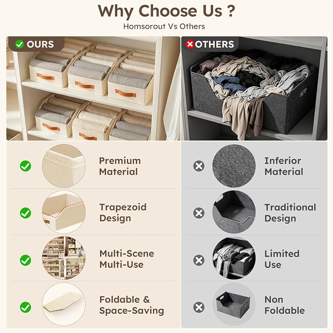 Homsorout Fabric Storage Bins for Organizing - 12 Pack Large Trapezoid Collapsible Storage Bins with Front Handle, Closet Organizers and Storage for Bedroom, Home Shelves, Small Spaces, Beige