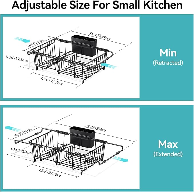 Urackify Dish Drying Rack in Sink, Stainless Steel Expandable Over the Sink Dish Rack with Utensil Holder & Cup Holder, Kitchen Drying Rack for Inside Sink, 15.35" x 11.02" x 4.84", Black