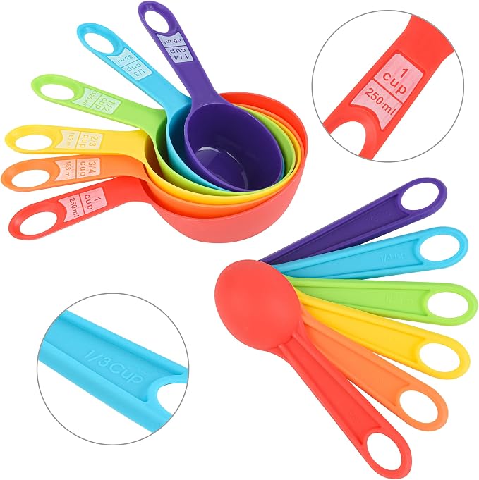 Smithcraf Measuring Cups and Spoons Set, 12 Pieces Cute Metric & US Plastic Measuring Cups and Spoons, Dry & Liquid Measure Cups and Spoons for Baking & Kitchen Random Color