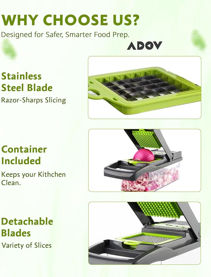 ADOV Mandoline Slicer for Kitchen, Vegetable Chopper with Container, 14 in 1 Multifunctional Food Chopper, 7 Blade Onion Cucumber Slicer Vegetable Cutter for Salad, Potato Essential Kitchen Gadgets