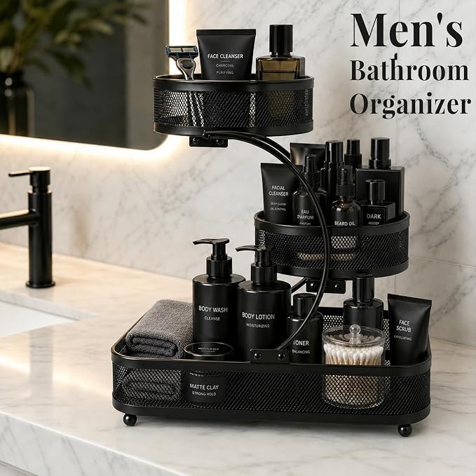 3 Tier Bathroom Counter Organizer-Cologne Organizer | Water-Resistant Open Metal Vanity Organizer, Ultra-Stable Dresser Top Shelf with Strong Load Capacity, Black