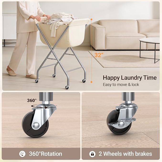 ELYKEN Laundry Basket with Wheels, Collapsible Laundry Hamper, Cream | Removable Liner Bag, Foldable Design, Sturdy Metal Frame, 4 Casters, 32”H Laundry Cart for Bedroom, Bathroom & Laundry Room