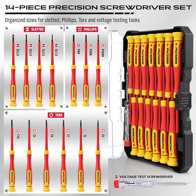 14-Piece Precision Screwdriver Set, Repair Tool Kit with Phillips, Torx and Slotted Screwdrivers, Voltage Test Screwdriver for Electronics, Eyeglasses, Watches, Small Repairs, DIY Use and Tool Set
