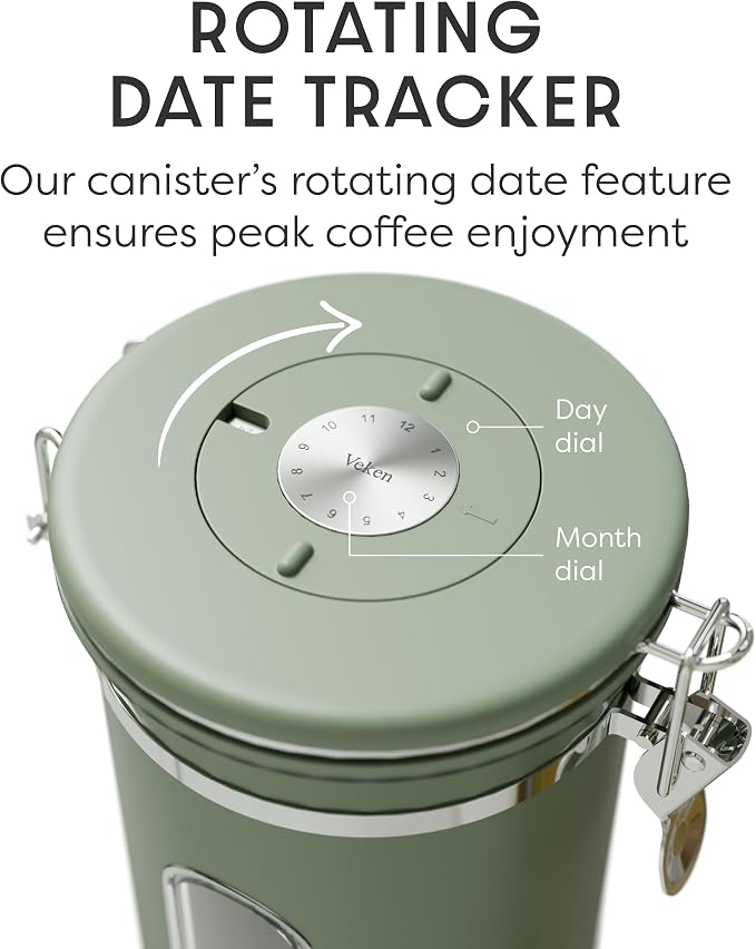 Veken Coffee Canister with Window, Airtight Stainless Steel Kitchen Food Storage Container with Lids, Date Tracker and Scoop for Ground, Beans, Tea, Flour, Cereal, Sugar Jars, 22OZ, Green