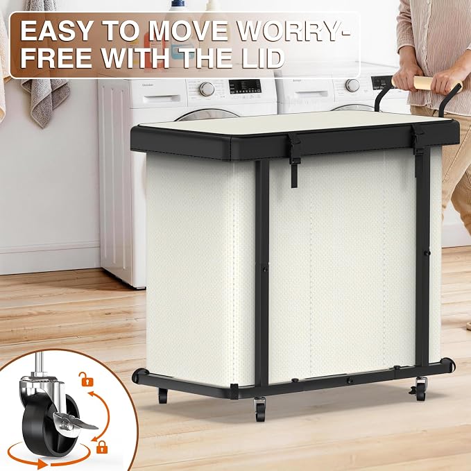 Rolling Laundry Hamper with Wheels,Laundry Hamper 3 Section with Lid Beige | Laundry Basket with Rolling Lockable Wheels and Handle, Laundry Basket Organizer for Laundry Room, Bedroom 60Gal