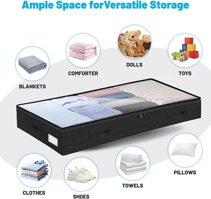 4 Inch Low Profile Under Bed Storage Drawer 2 Pack, Lightweight Underbed Clothes Storage Container Bins With NO STURCTURE, Shallow Storage Bag for Dorm & Home, With Clear Lids & Water-Resistant Fabric