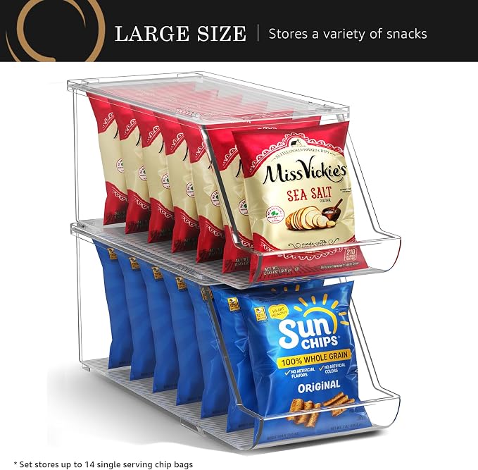 Sorbus Stackable Snack Organizer Bins Open Front – Clear Pantry Storage Bins for Chips, Snacks & Food Pouches – Kitchen Pantry Organizer (2 Pack) | Open Front, Clear, For Chips, Snacks & Food Pouches, Pantry Storage