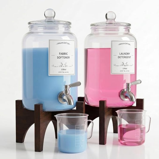 Glass Laundry Detergent Dispenser, 108oz (2 Pack) with Stainless Steel Faucet & Solid Wood Stand - Liquid Soap & Fabric Softener Container for Laundry Room Organization & Storage