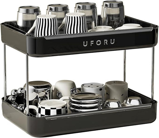 UFORU Countertop Coffee Station Organizer,Cup Rack,Mug & Wine Glass Holder | 2-Tier Black Mug Shelf with Removable Drain Tray,Bathroom Countertop Organizer,Spice Rack for Kitchen