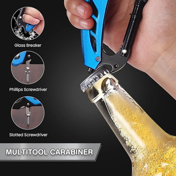 FUNBRO EDC Multitool Carabiner with Knife, Bottle Opener | Window Breaker and Screwdriver, Knives Tools for Men Outdoor Camping (Blue)