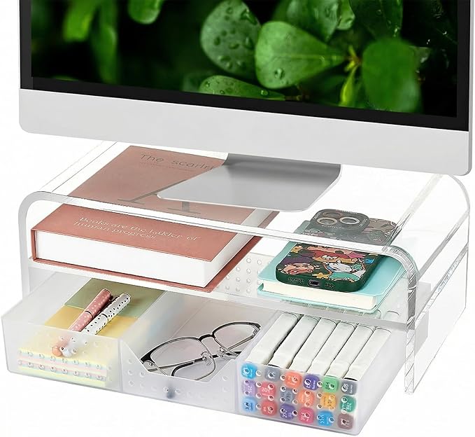 OPNICE Desk Organizer and Accessories, 2-Tier Computer Monitor Stand Riser with Drawer and 2 Pen Holders, Laptop Stand, Office Desk Accessories for Office Supplies, 1 Pack, Transparent