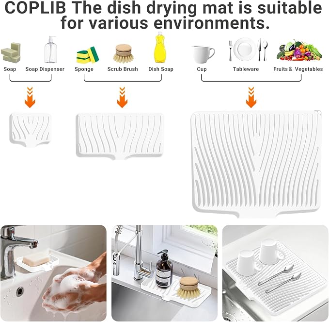 Silicone Dish Drying Mat for Kitchen counter, 15.8"x13" Extra Large Non-Slip Drain Pad with Built-in Drainage, Heat Resistant Dishwasher Safe, Ivory