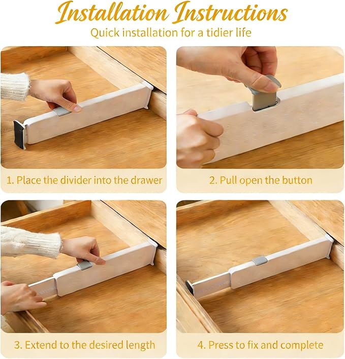 Adjustable Drawer Dividers with Matching Inserts, Expandable Drawer Organizers 3.94" High, 10.83-17.3" Length, for Clothing Kitchen Office (4 Dividers with 4 Matching Inserts)
