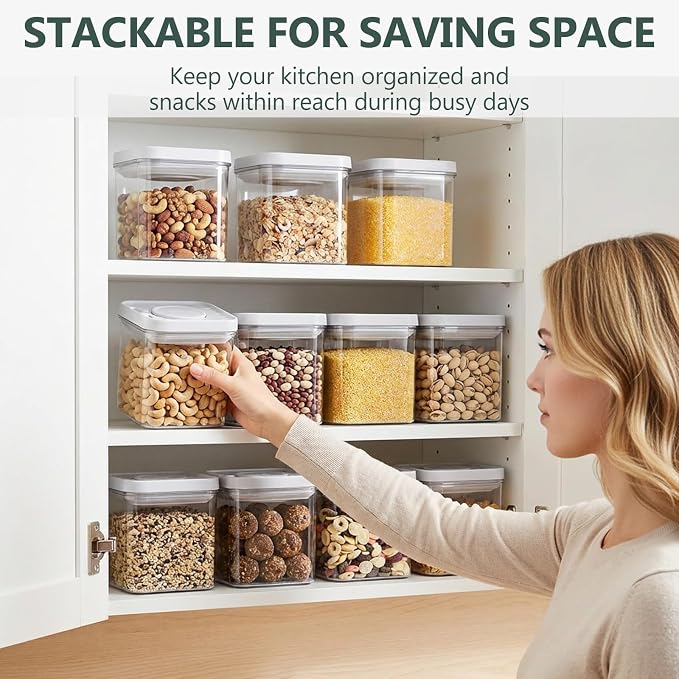 WRINGKIT Set of 4 Airtight Food Storage Containers, 0.58 Qt Small Cereal Snacks Container with Lids, Leak Proof Stackable Flour Sugar Canisters for Pantry, Spices, Candy, One Button Opening, 550ml