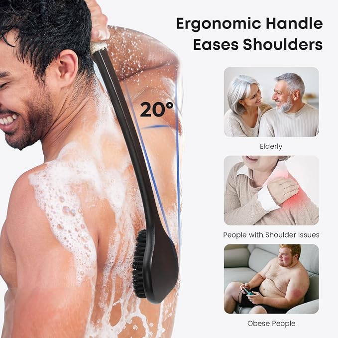 eaxun Bamboo Back Scrubber with Curved Long Handle, 17.3 Inches Exfoliating Shower Brush with Stiff Bristles for Men and Women, Back Washer Body Exfoliator for Bath or Dry Brushing