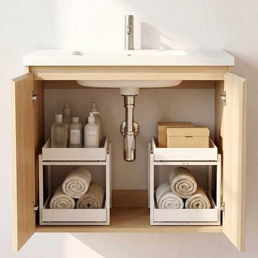 Bamboo Under Sink Organizer Adjustable Height 2 Tier Bathroom Organizer Pull Out Cabinet Storage Kitchen Heave Duty Wood Slide Ou Shelf for Kitchen Bathroom (Black, 2 Packs) (White, 2 Pack)
