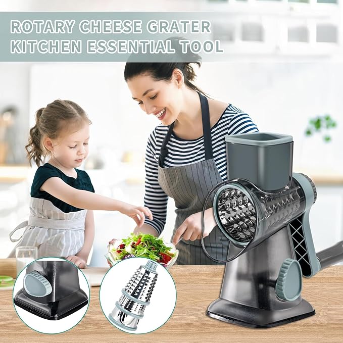 Cheese Grater with Handle,Multifunctional Rotary Cheese Grater | Powerful suction cup base,Effortless and time-saving,Protects your hands,Versatile,Detachable,Easy to clean